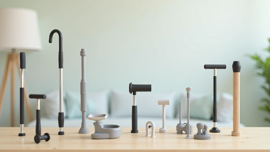 Array of adaptive equipment including walkers, grab bars, reacher tools, and mobility aids arranged in home setting