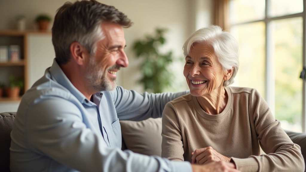Adult son aged 50 having conversation with elderly mother in modern assisted living apartment, both smiling warmly