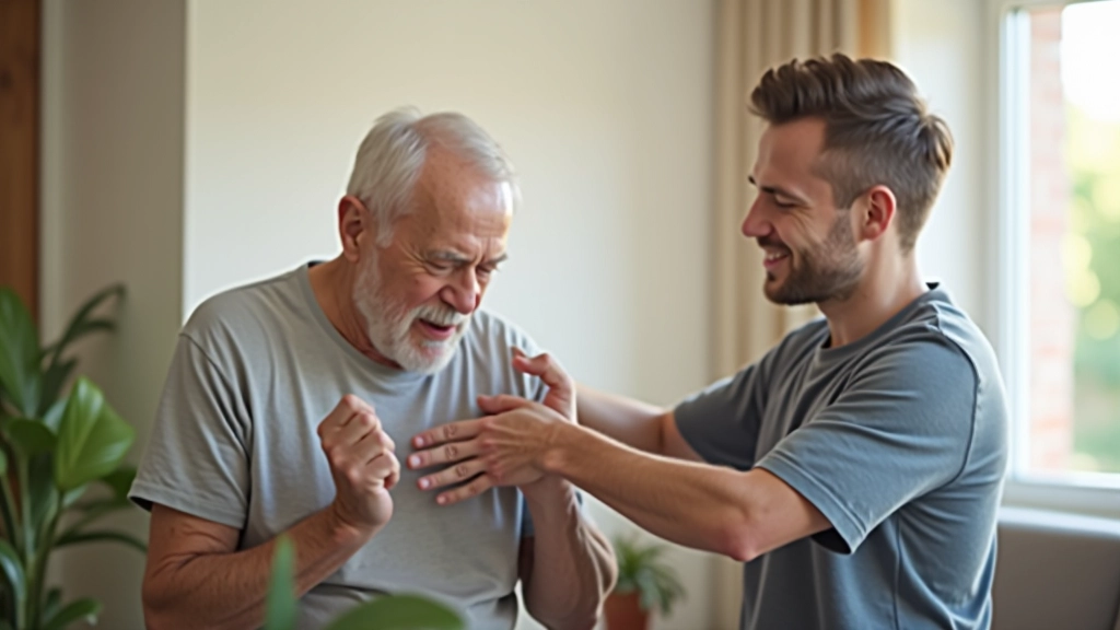 Adult son helping elderly father with physical therapy exercises at home, demonstrating proper form during mobility work