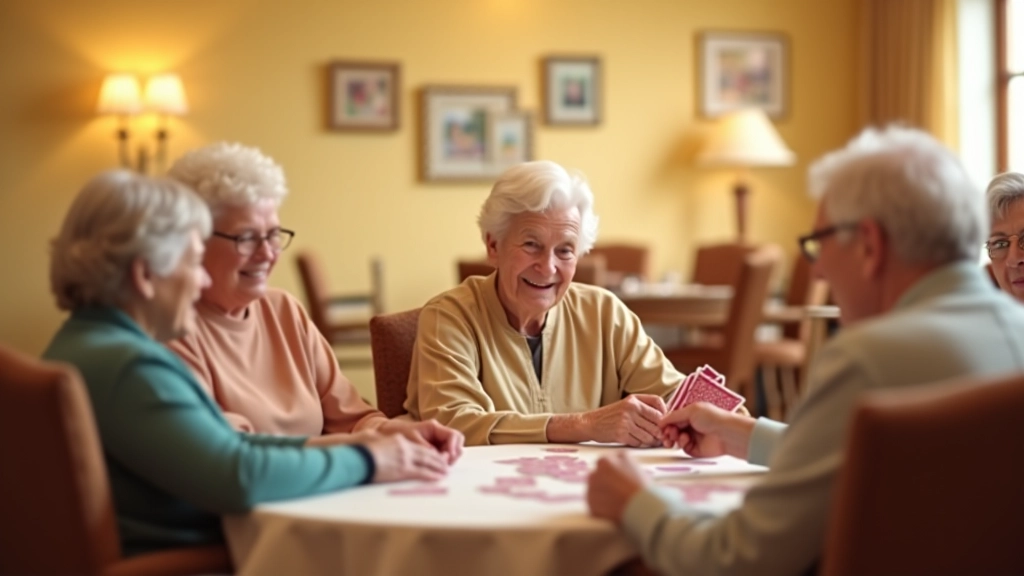 Interior view of a modern assisted living community common area with comfortable seating, activities, and residents engaging socially