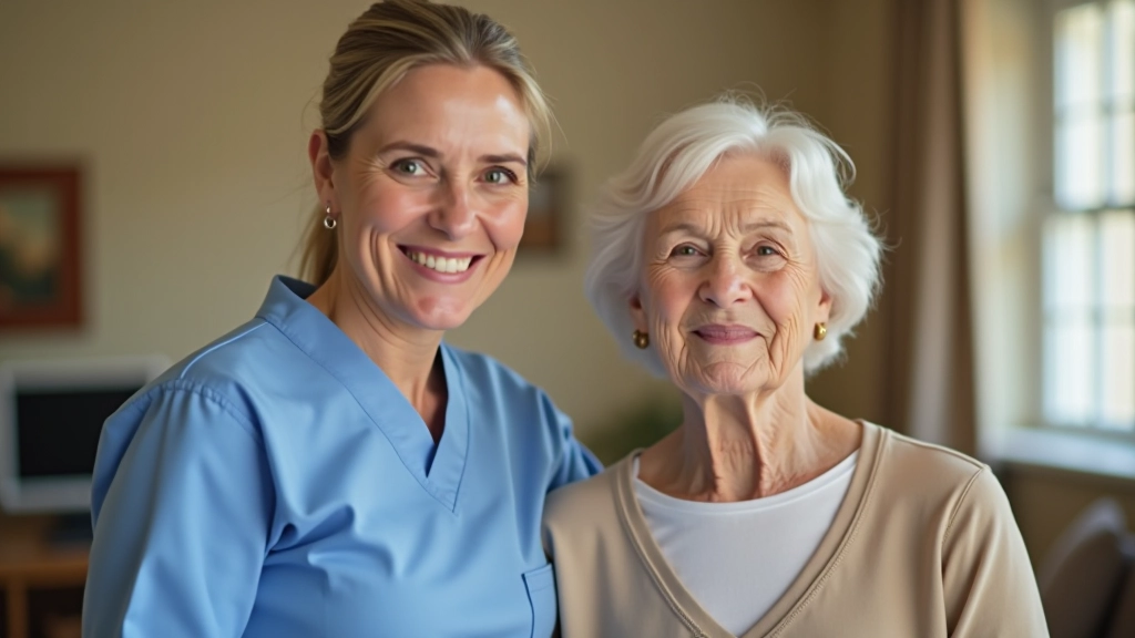 Caregiver and elderly woman smiling together during a care session, showing positive relationship and comfort level between provider and client