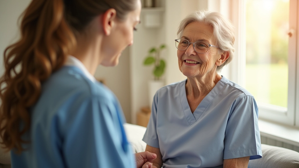 Compassionate caregiver supporting elderly parent in comfortable home environment