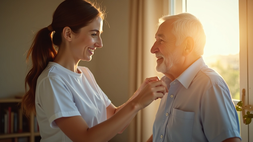 Woman caregiver assisting elderly man with daily activities in a comfortable home setting, showing attentive care and support