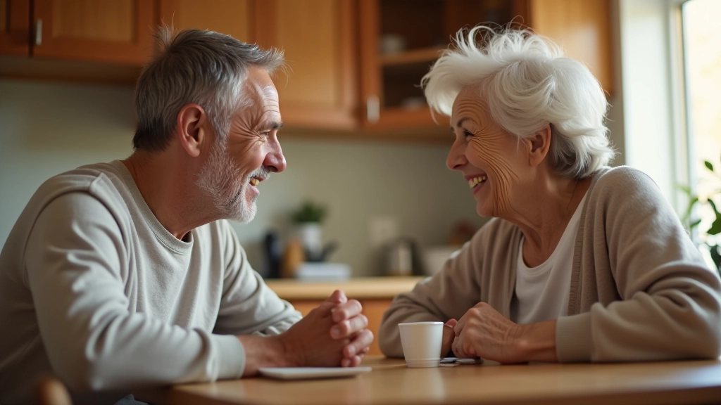 Adult child and elderly parent having thoughtful conversation about care planning