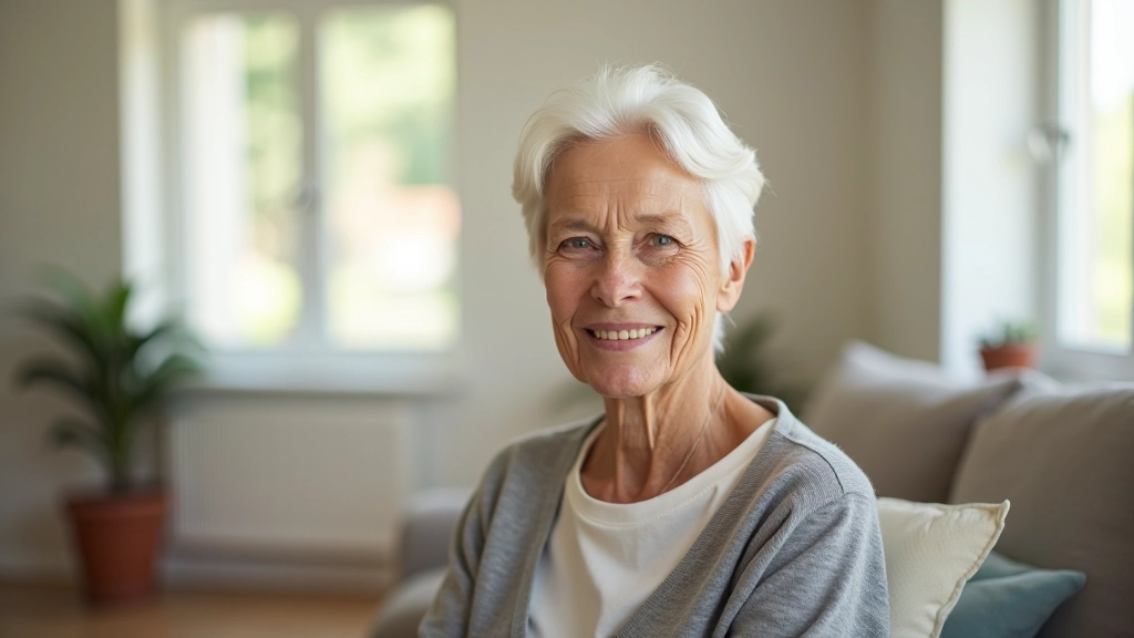 Elderly woman smiling warmly in a bright, modern apartment with comfortable furnishings and accessibility features
