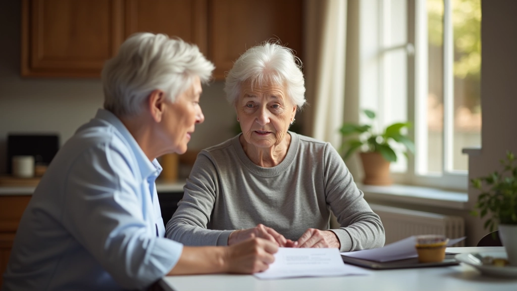 Elderly woman reviewing documents with caregiver at kitchen table, discussing care plan and schedule in home environment