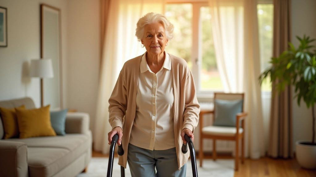 Elderly woman walking confidently with walker in her home living room, decorated and bright, showing successful transition after rehabilitation