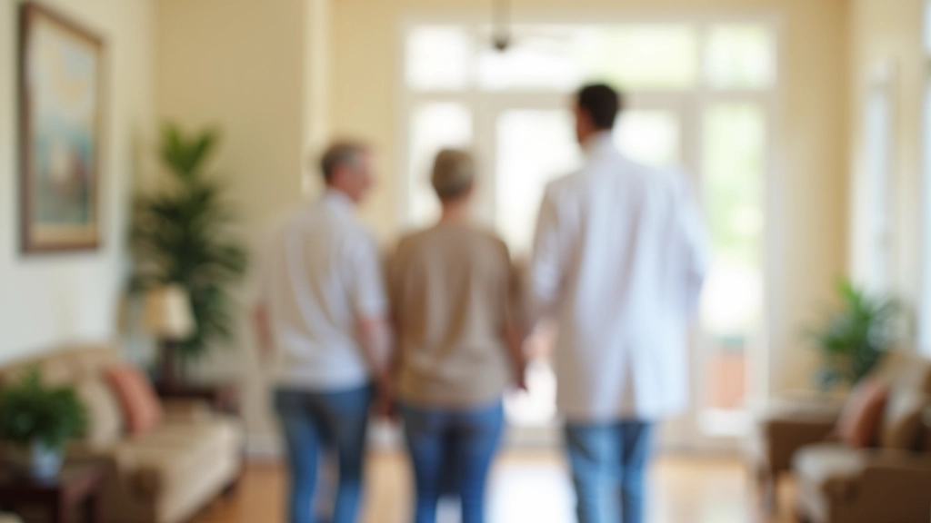 Family members aged 45-75 touring assisted living facility with staff member, looking at common area with comfortable seating