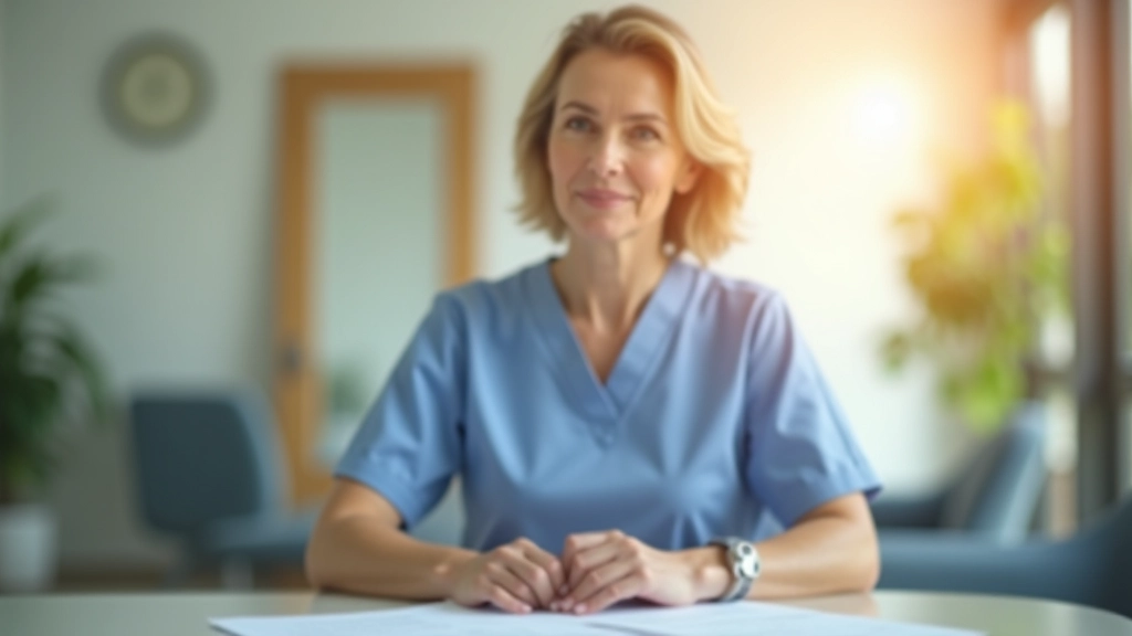 Healthcare professional aged 45 explaining care options to middle-aged adult, sitting at table with information brochures and documents