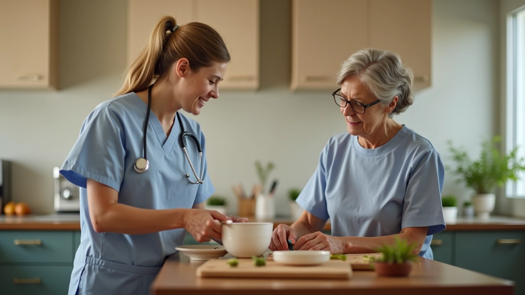 Occupational therapist helping elderly woman practice daily living activities like preparing meals in a therapeutic kitchen setup