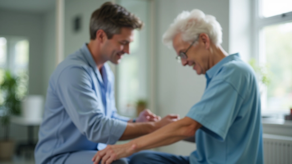 Physical therapist working with elderly patient during rehabilitation exercises in a professional medical facility with modern equipment