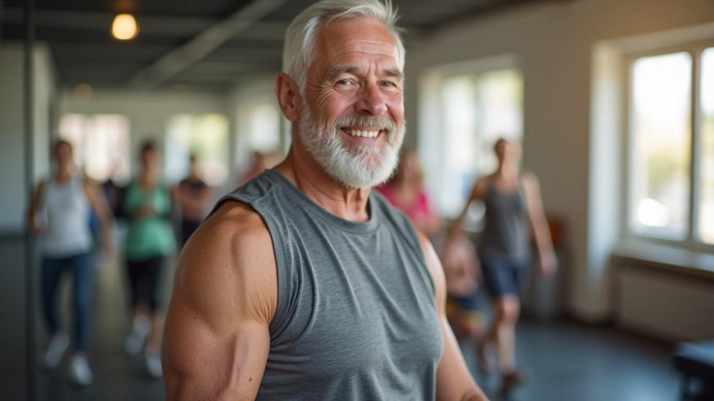 Senior man confidently participating in a group fitness class with other seniors, looking engaged and happy while exercising together