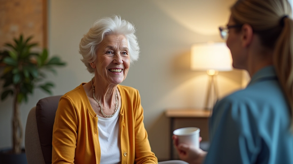 Smiling senior woman at a community center information desk, speaking with a staff member who is helping her explore program options
