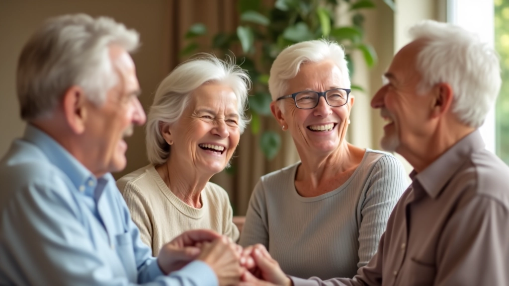 Group of diverse seniors laughing together at a community event, genuinely enjoying each other's company in a warm, welcoming setting