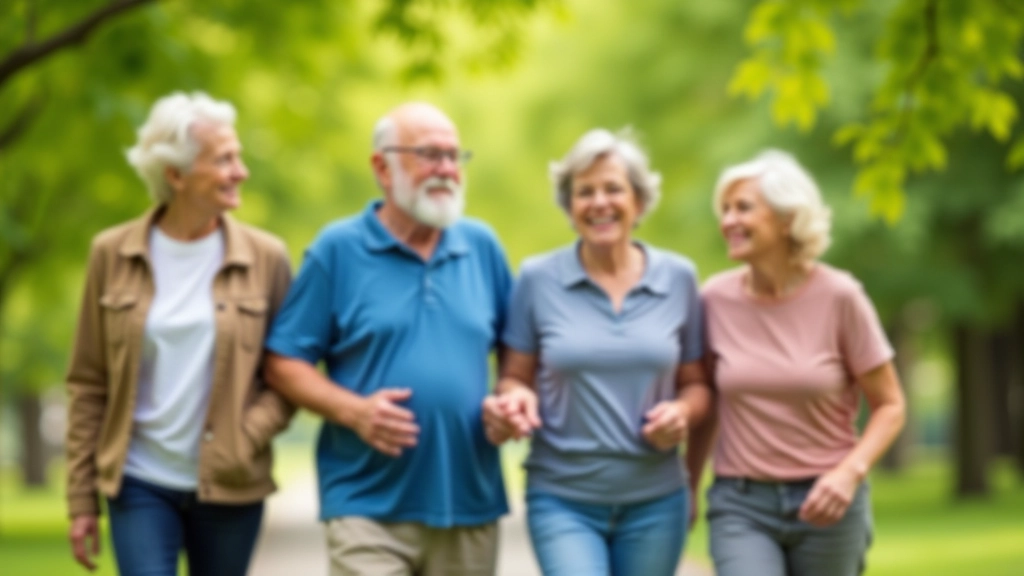 Active seniors engaged in outdoor walking group in a neighborhood park, smiling and enjoying community time together