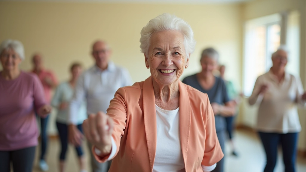 Elderly couple enjoying activities at a senior center, participating in a group class with other seniors in a bright, welcoming space