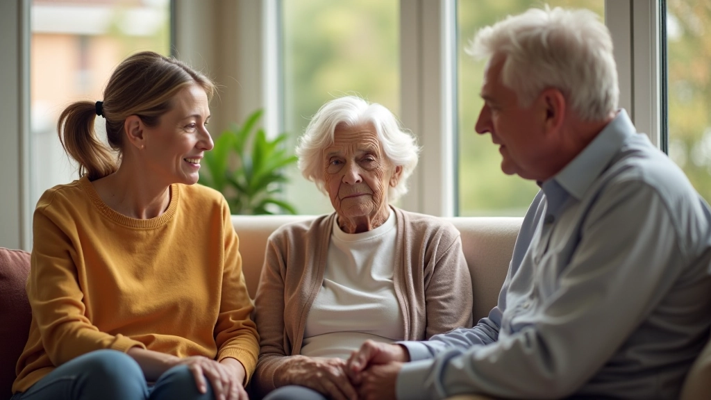 Adult children having a supportive conversation with their elderly parent about care options in a comfortable living room